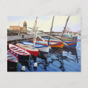Beautiful Red Orange Blue Green Boats in Collioure Postcard