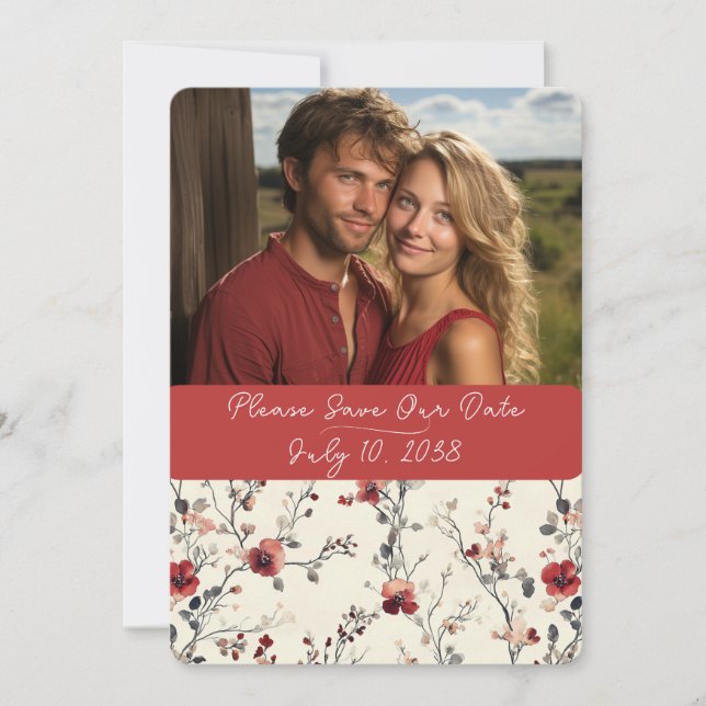 Beautiful Red & Pink Elegant Floral  Save The Date (Front)