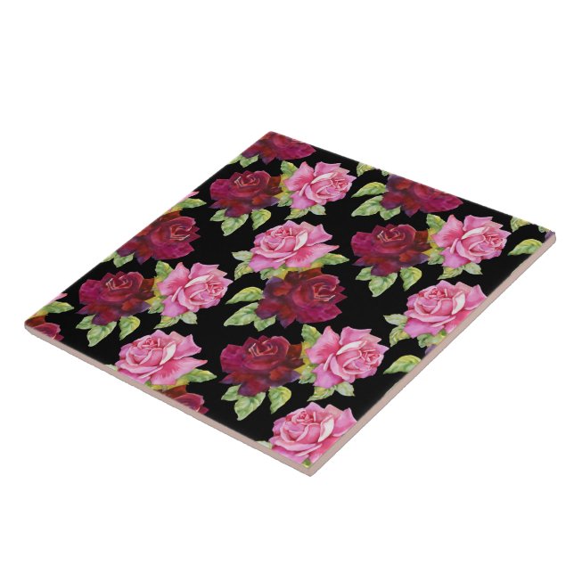 Beautiful Red Pink Roses on Black Background       Ceramic Tile (Side)