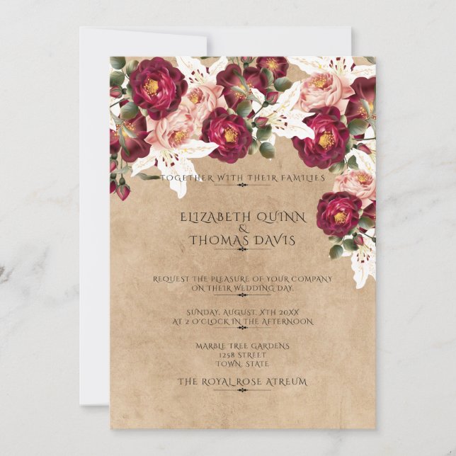 Beautiful Red Pink Roses White Lilies Wedding Invitation (Front)