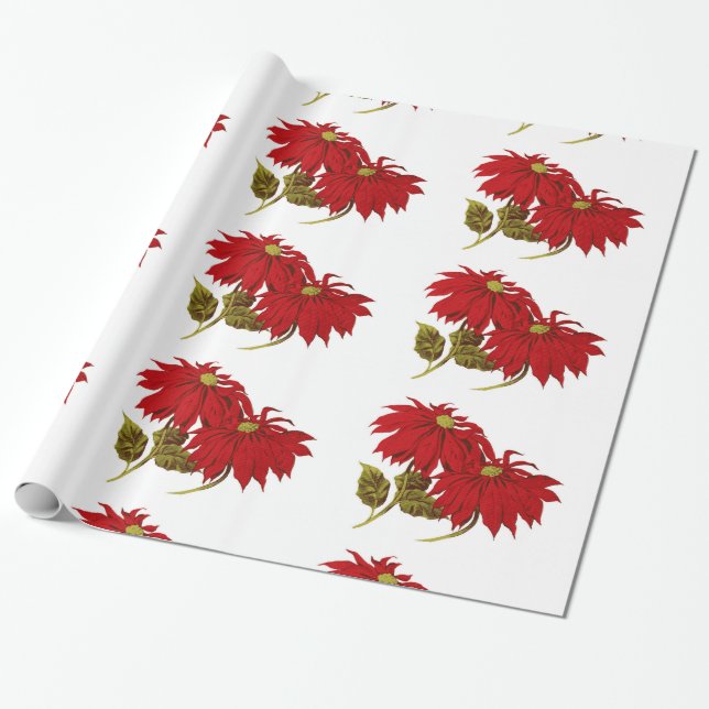 Beautiful Red Poinsettia Drawing Wrapping Paper (Unrolled)