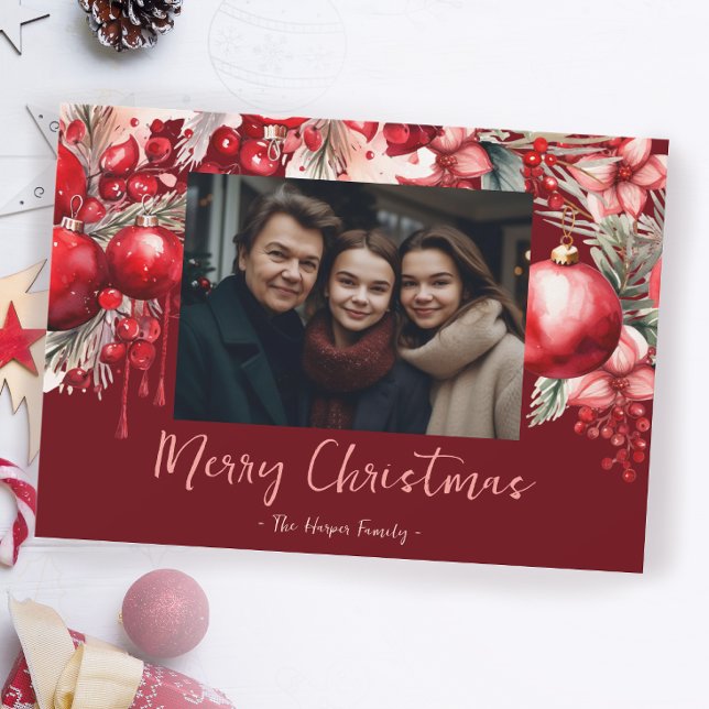 Beautiful Red Poinsettia Family Photo  Holiday Card (Creator Uploaded)