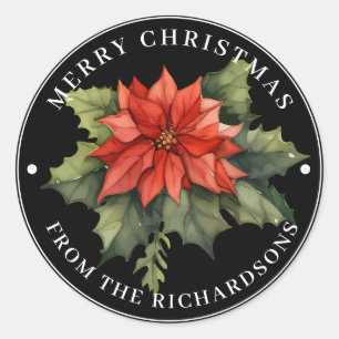 Beautiful Red Poinsettia Merry Christmas on Black Classic Round Sticker