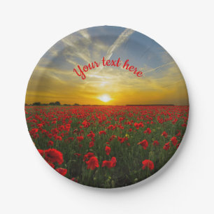 Beautiful Red Poppy Field At Sunrise Photograph Paper Plate