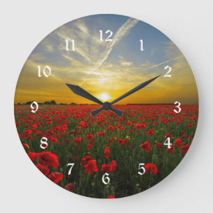 Beautiful Red Poppy Field Sunset Photography Large Clock