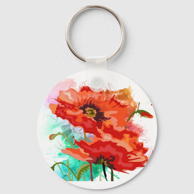Beautiful Red Poppy Flowers Button Keychain (Front)