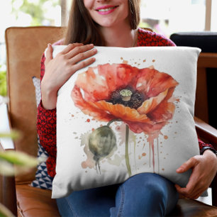 Beautiful red poppy painted in watercolor cushion