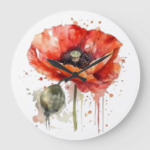 Beautiful red poppy painted in watercolor large clock