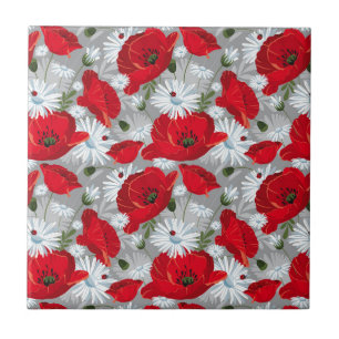 Beautiful red poppy, white daisies and ladybug ceramic tile