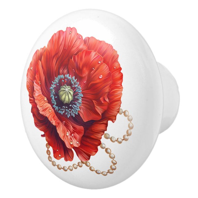 Beautiful Red Poppy With Pearls Ceramic Knob (Right)