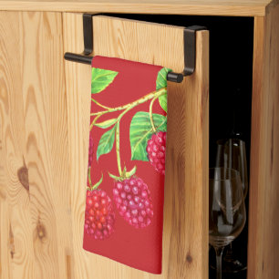 Beautiful Red Raspberries On Stems Green Leaves Tea Towel