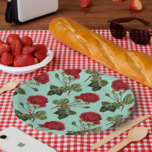 Beautiful Red Rose, green background, Pattern Paper Plate