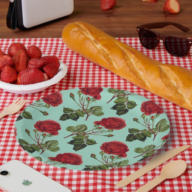 Beautiful Red Rose, green background, Pattern Paper Plate (Picnic)