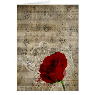 Beautiful red rose music notes swirl faded piano
