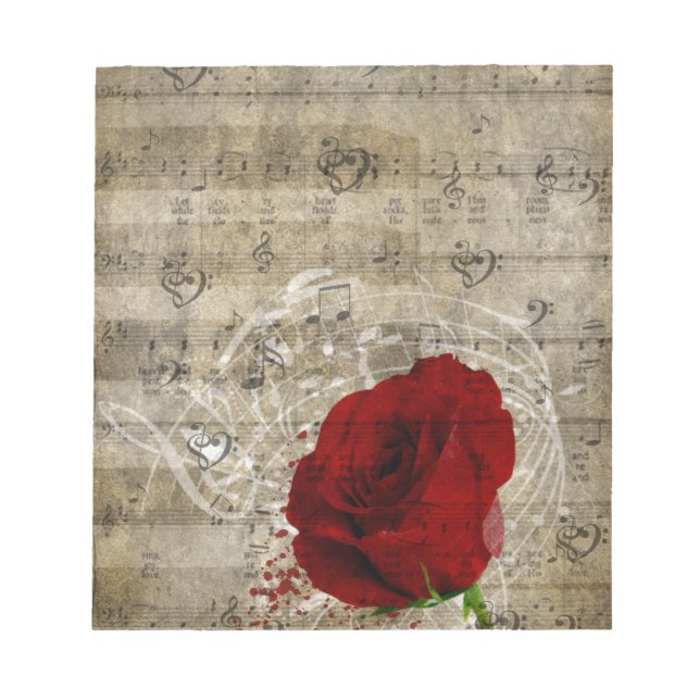 Beautiful red rose music notes swirl faded piano (Front)