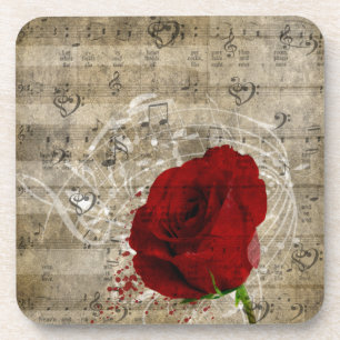 Beautiful red rose music notes swirl faded piano coaster