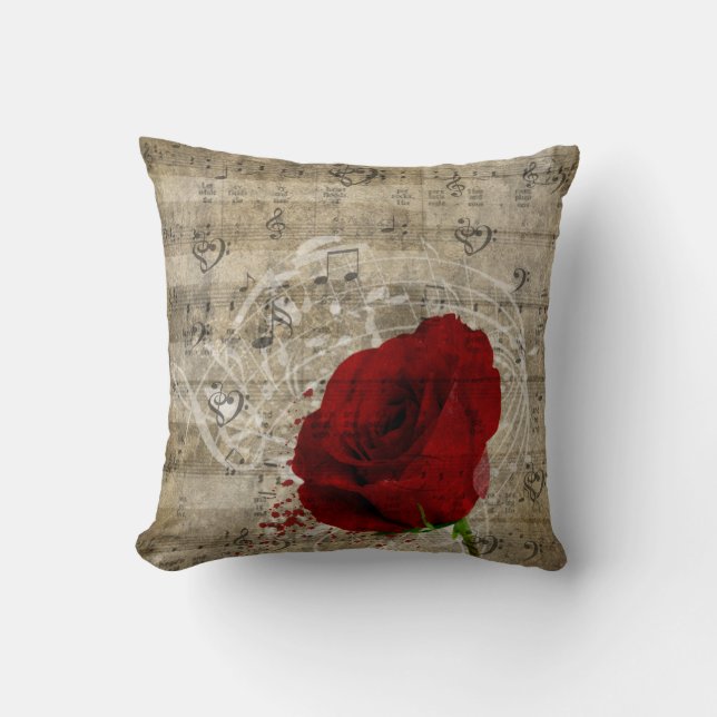 Beautiful red rose music notes swirl faded piano cushion (Front)
