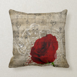 Beautiful red rose music notes swirl faded piano cushion