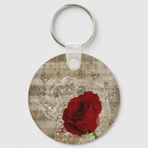 Beautiful red rose music notes swirl faded piano key ring