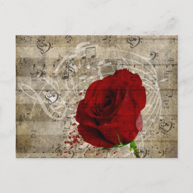 Beautiful red rose music notes swirl faded piano postcard (Front)