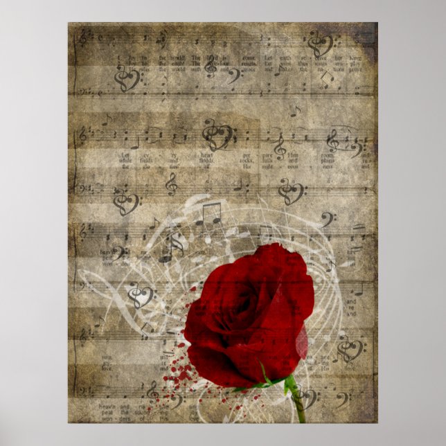 Beautiful red rose music notes swirl faded piano poster (Front)