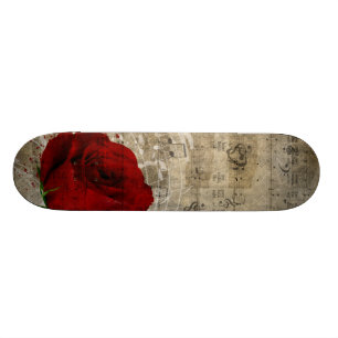 Beautiful red rose music notes swirl faded piano skateboard