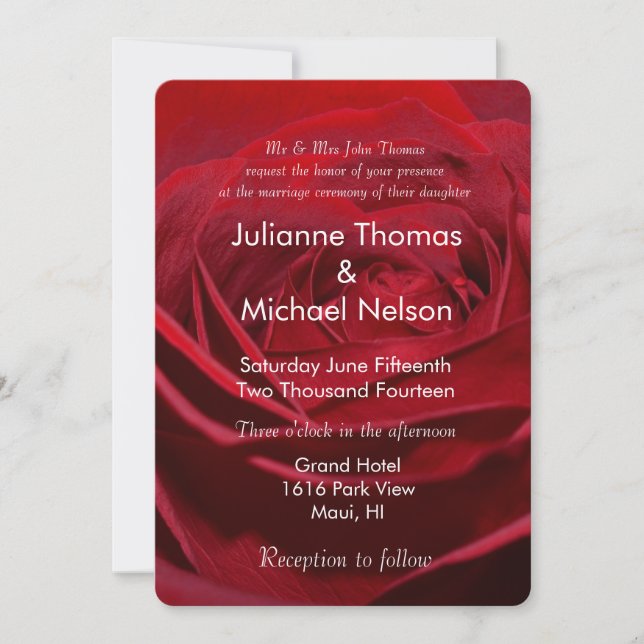 Beautiful Red Rose Romantic Wedding Invitation (Front)