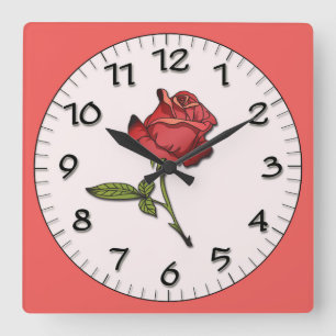 Beautiful Red Rose Sketch Square Wall Clock