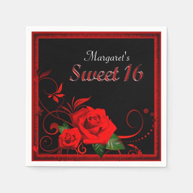 Beautiful red rose sweet 16 napkin (Front)