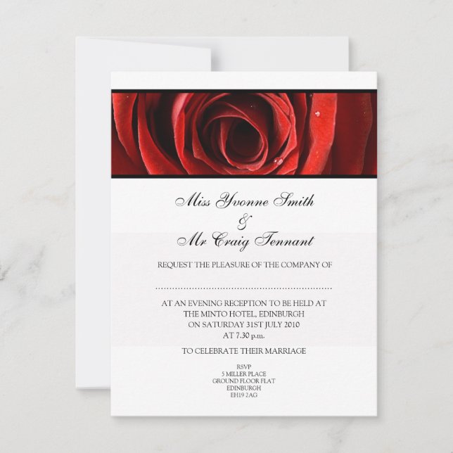 Beautiful Red Rose Wedding Evening Reception-White Invitation (Front)
