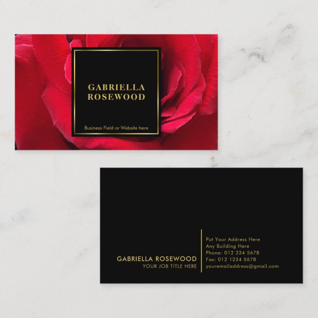 Beautiful Red Rose With Black Square Gold Frame Business Card (Front/Back)
