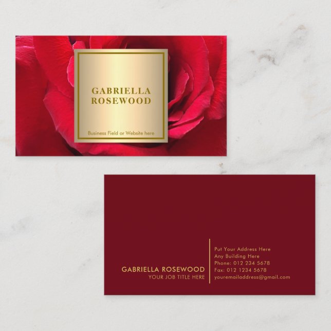 Beautiful Red Rose With Gold Square Frame Business Card (Front/Back)