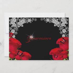 Beautiful Red Roses Butterflies Quinceanera  Invitation