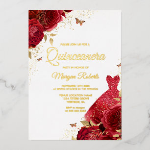 Beautiful Red Roses & Dress Gold Foil Quinceanera