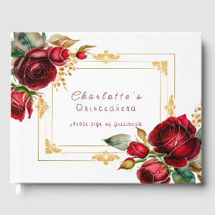 Beautiful Red Roses Gold Filigree Quinceañera Guest Book