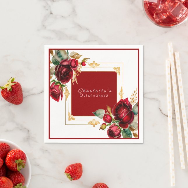 Beautiful Red Roses Gold Filigree Quinceañera Napkin (Insitu)