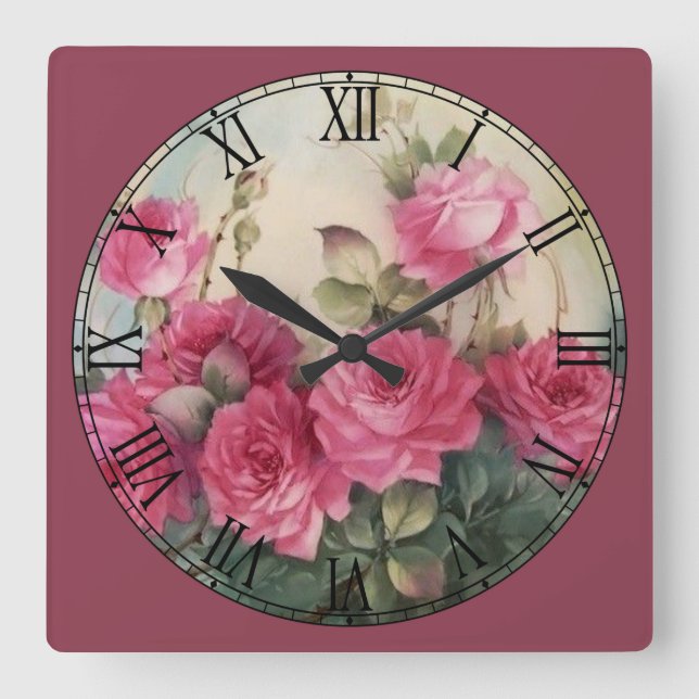Beautiful Red Roses Roman Numeral Square Wall Clock (Front)