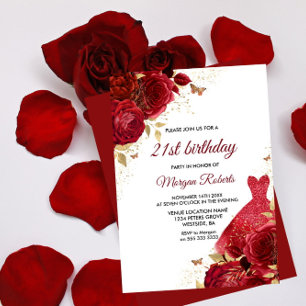 Beautiful Red Roses Sparkle Dress 21st Birthday Invitation