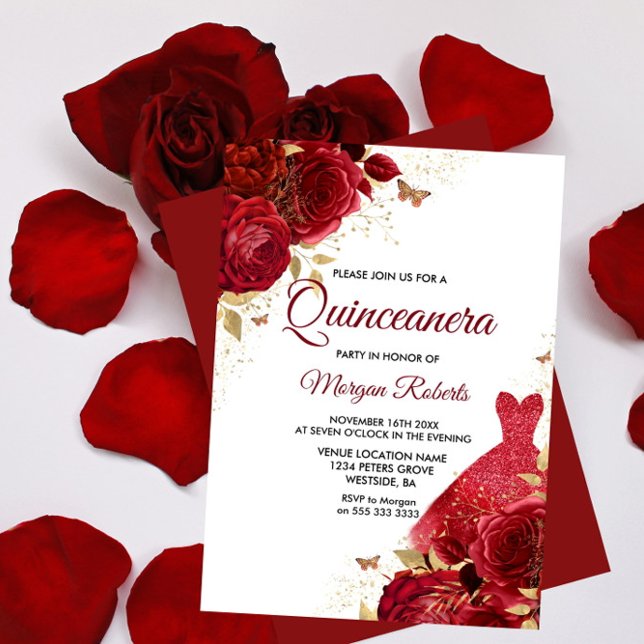 Beautiful Red Roses Sparkle Dress Quinceanera Invitation (Creator Uploaded)