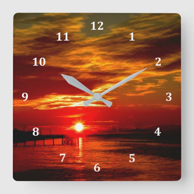Beautiful Red Sunset Square Wall Clock (Front)