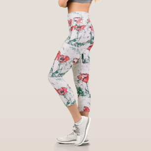 Beautiful Red Three Poppy Flowers Sketch Capri Leggings