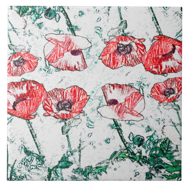 Beautiful Red Three Poppy Flowers Sketch Ceramic Tile (Front)