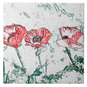 Beautiful Red Three Poppy Flowers Sketch Ceramic Tile
