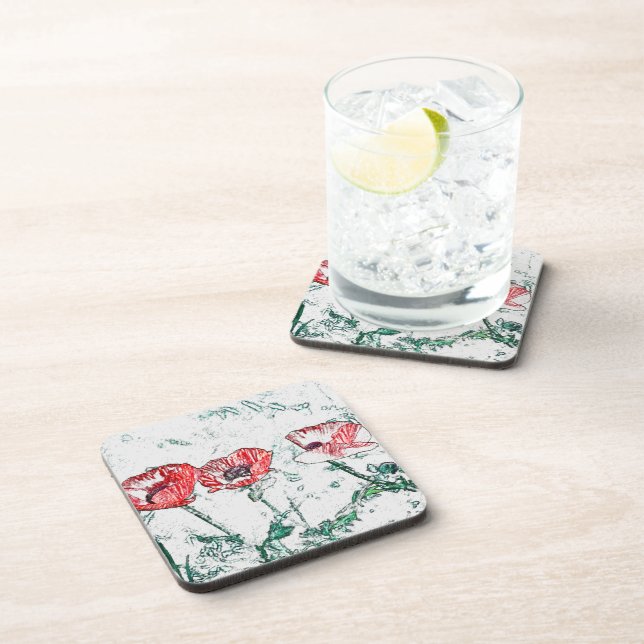 Beautiful Red Three Poppy Flowers Sketch Coaster (Right Side)