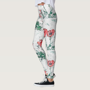 Beautiful Red Three Poppy Flowers Sketch Leggings