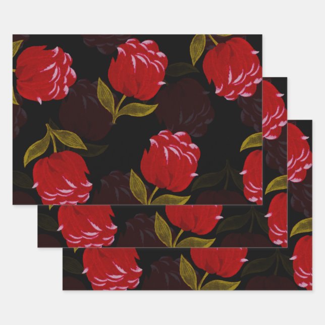 Beautiful Red translucent roses embroidery pattern Wrapping Paper Sheet (Set)
