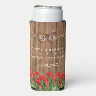 Beautiful Red Tulip Flowers on Wood - Birthday Seltzer Can Cooler