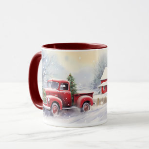 Beautiful Red Vintage Truck Wintery Landscape Mug