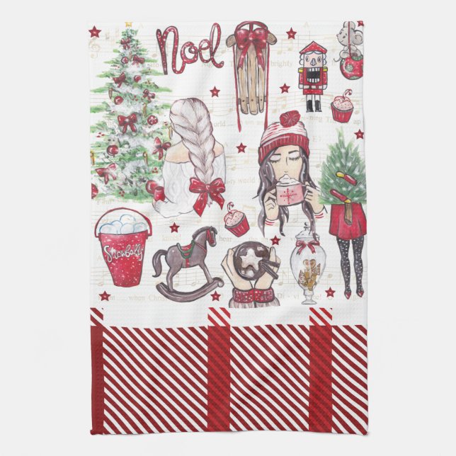 Beautiful Red Watercolor Christmas Tea Towel (Vertical)