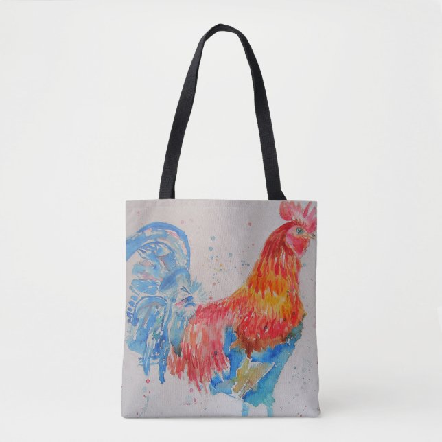 Beautiful Red Watercolor Rooster Tote Bag (Front)